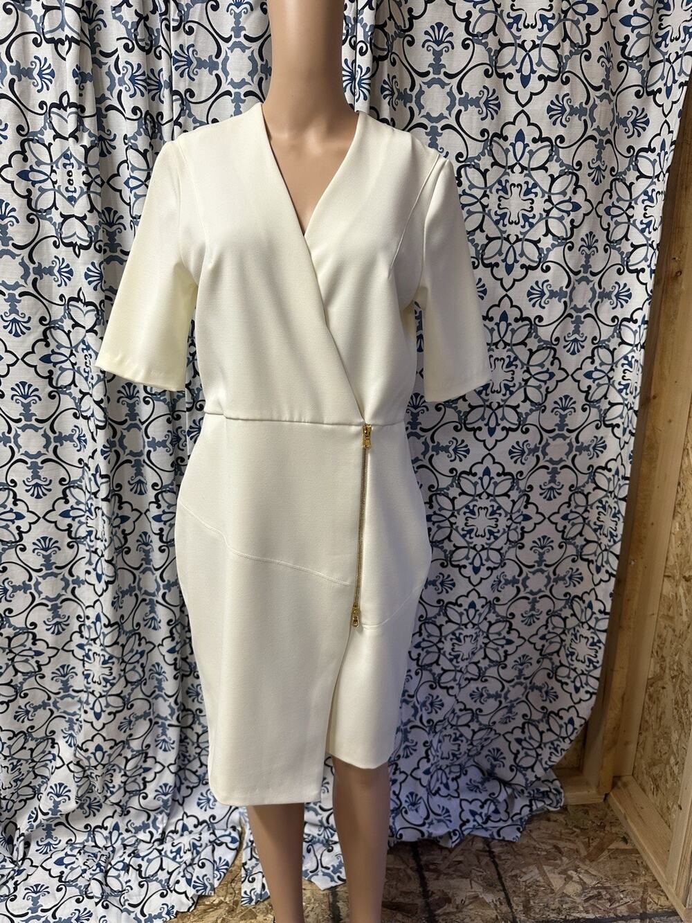 Veronica Beard Asymmetrical Wrap Midi Dress White Gold Zipper 10 Wedding Career